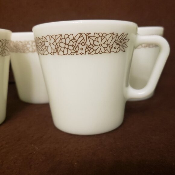 Set Five Vintage Pyrex Woodland White Milk Glass D-Handle Mugs 1410 Brown Flower - Picture 2 of 7